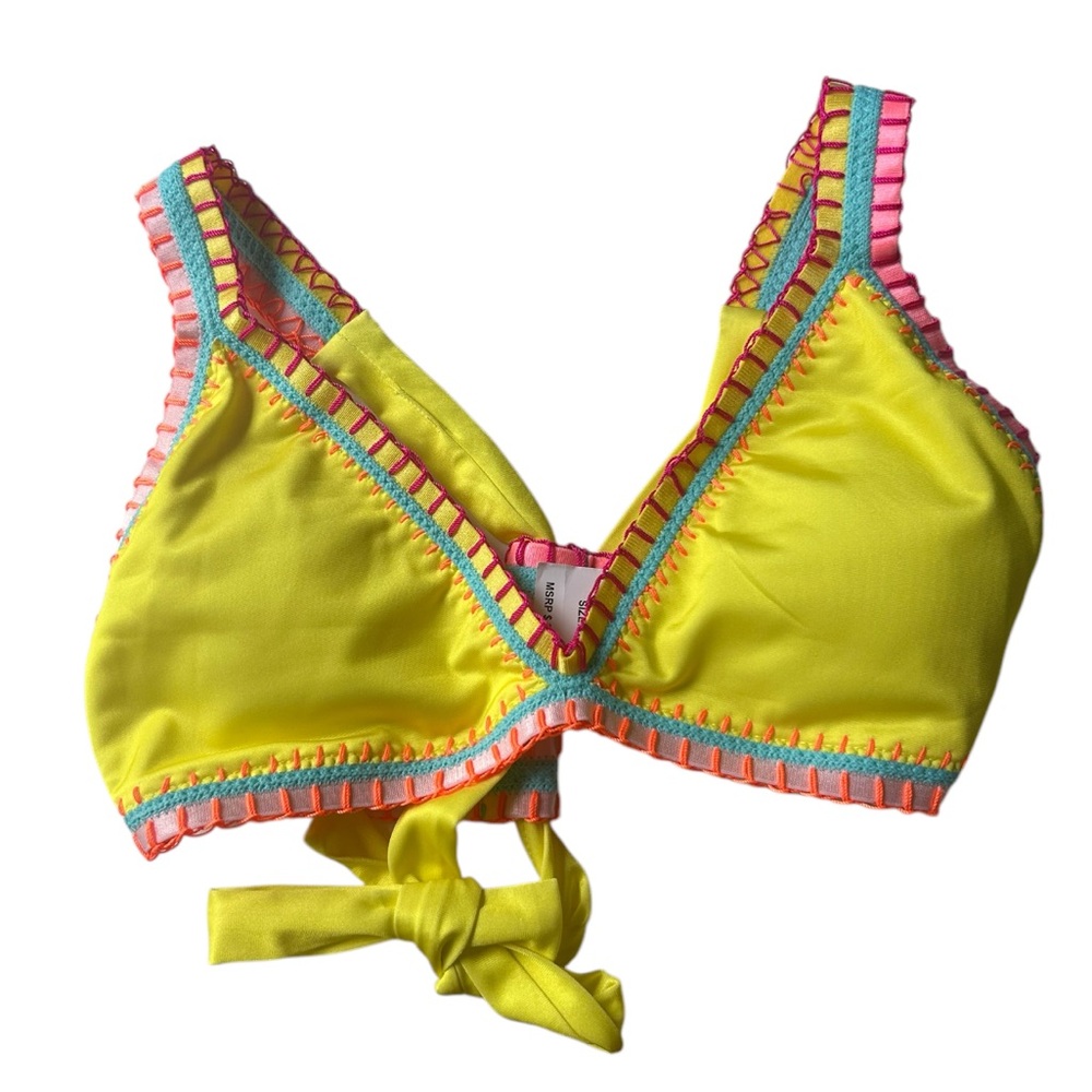 PQ Swim Neon Yellow Bikini Top with Pink and Teal Trim